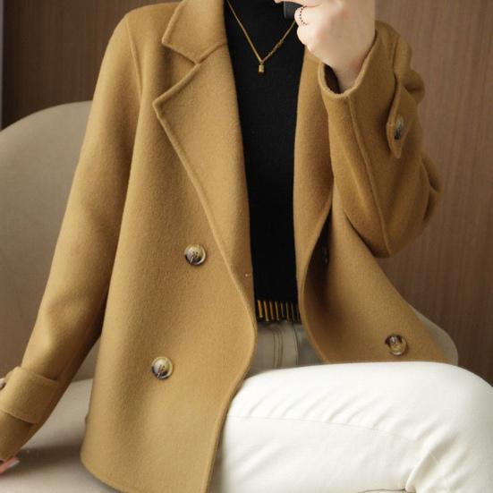 Women Fall Winter Woolen Coat Double-breasted Lapel Long Sleeve Loose Solid Color Thickened Warm Formal Business Style OL Commute Jacket