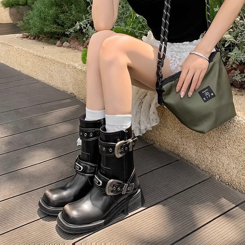 Spring New Square Head Mid-tube Boots Maillard Locomotive Boots Mid-heel Western Cowboy Boots Trendy Martin Boots Women's Boots