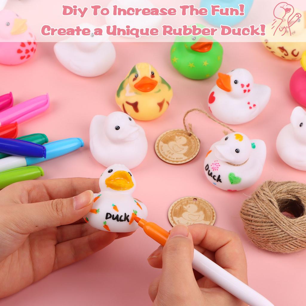 12 Pcs 2 Inch White Blank Rubber Ducks Wooden Cards 12 Colors Of Pens Creative Rubber Ducks Float Mini Rubber Ducks Bath Toys Di