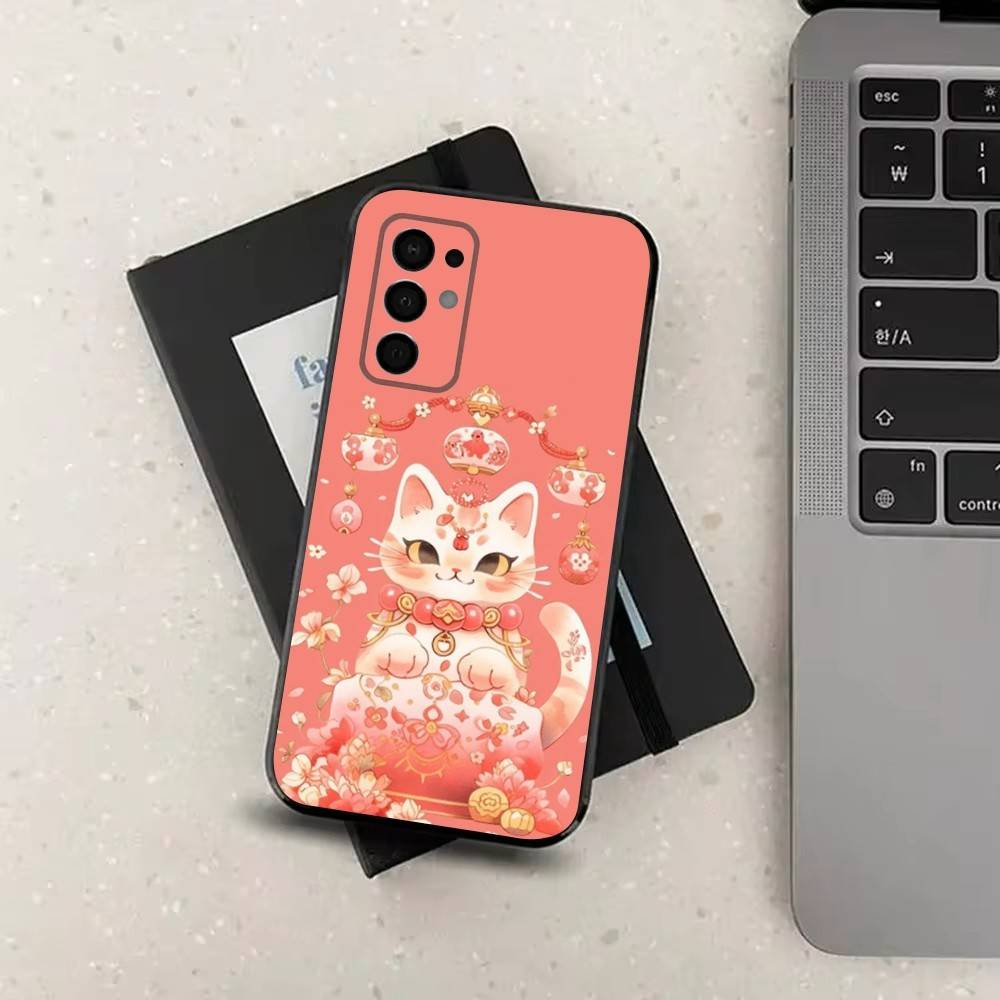 Cartoon Lucky Cat Phone For Samsung Galaxy A53,31,52,72,41,22,73,32,71,Note,J7,8,9,5G Soft Black Silicone Case