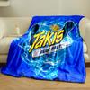 Bright blue flame pattern surrounding bold yellow "Takis" logo text. for all seasons blanket lunch break throw gift