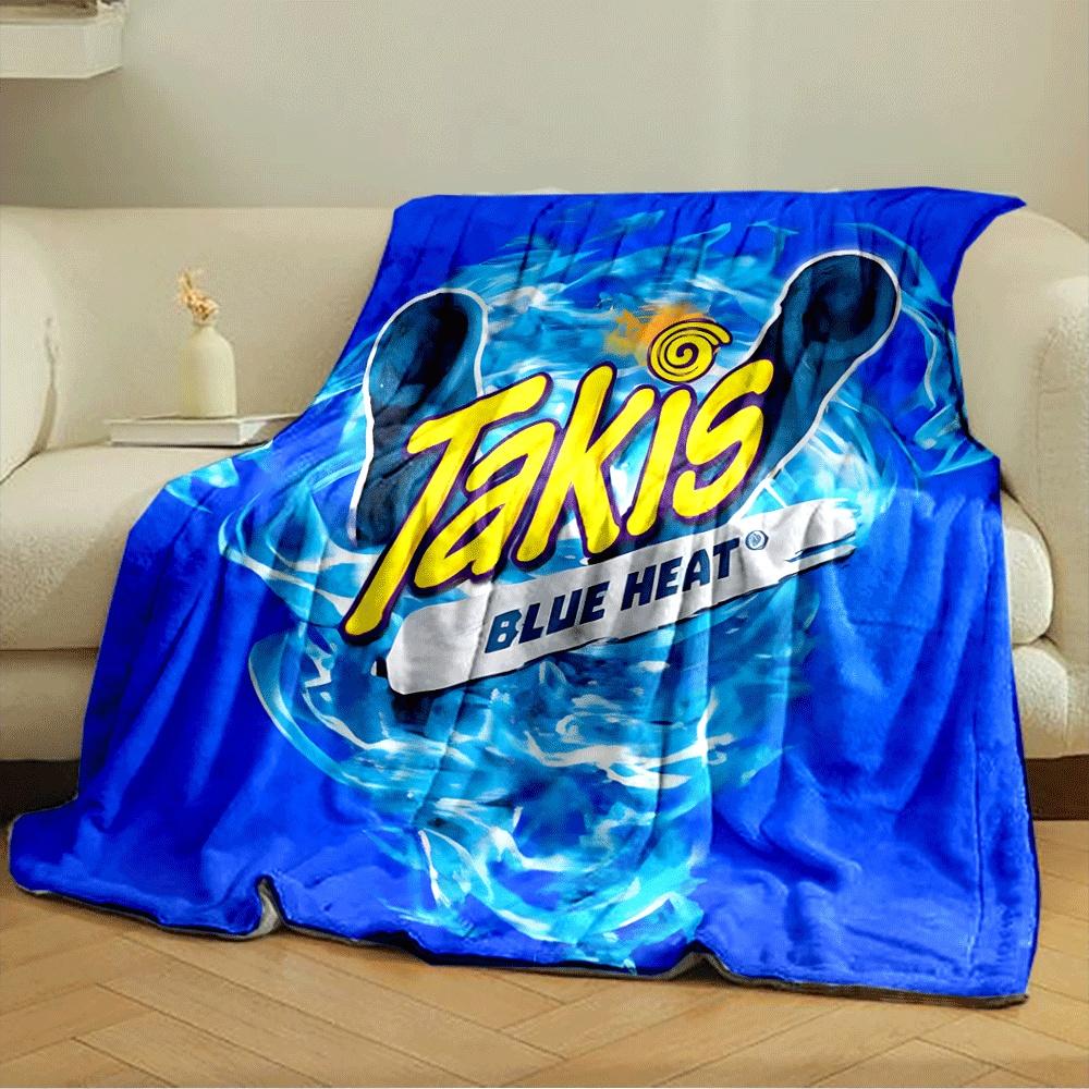 Bright blue flame pattern surrounding bold yellow "Takis" logo text. for all seasons blanket lunch break throw gift