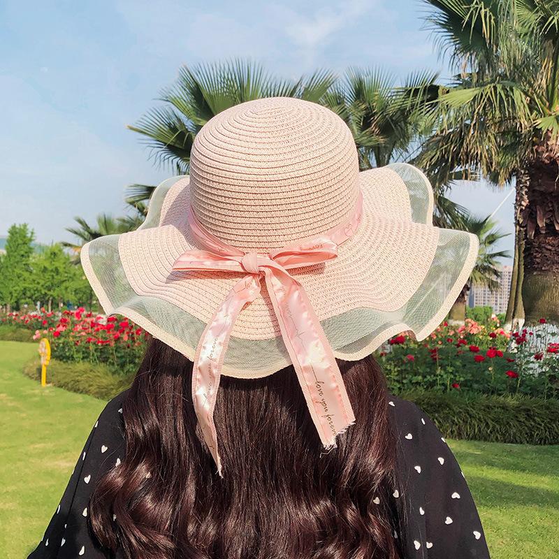 New Female Net Yarn Straw Hat Outdoor Hat Beach Hat Sun Straw Hat Wide Brim Floppy Hat