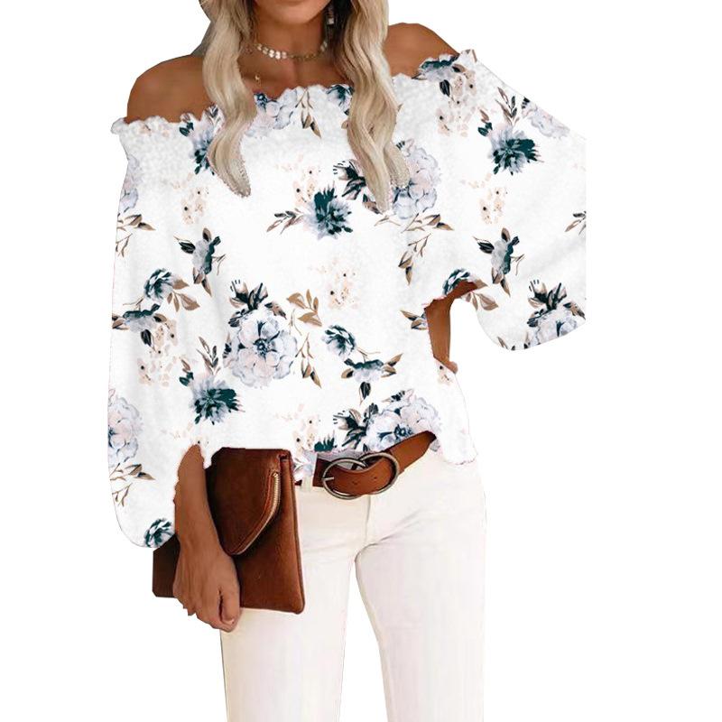 Осенняя сексуальная шифоновая рубашка с одним словом и воротником без бретелек, новая свободная верхняя женская одежда с рукавами-фонариками