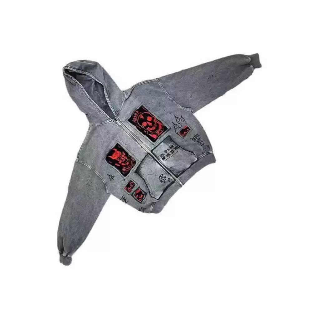 Американская печатная имитация стирки Имитация джинсовой ткани Толстовка с капюшоном на молнии Куртка Кардиган Такой же стиль Свободный Большой размер