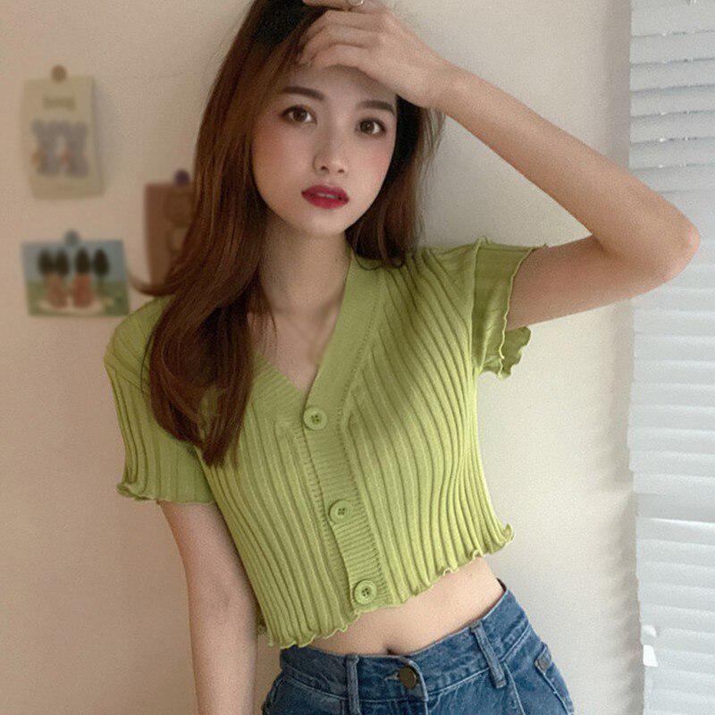 Летняя вязаная футболка с оборками, модные сексуальные тонкие укороченные топы с v-образным вырезом, однотонный кардиган с короткими рукавами для женщин