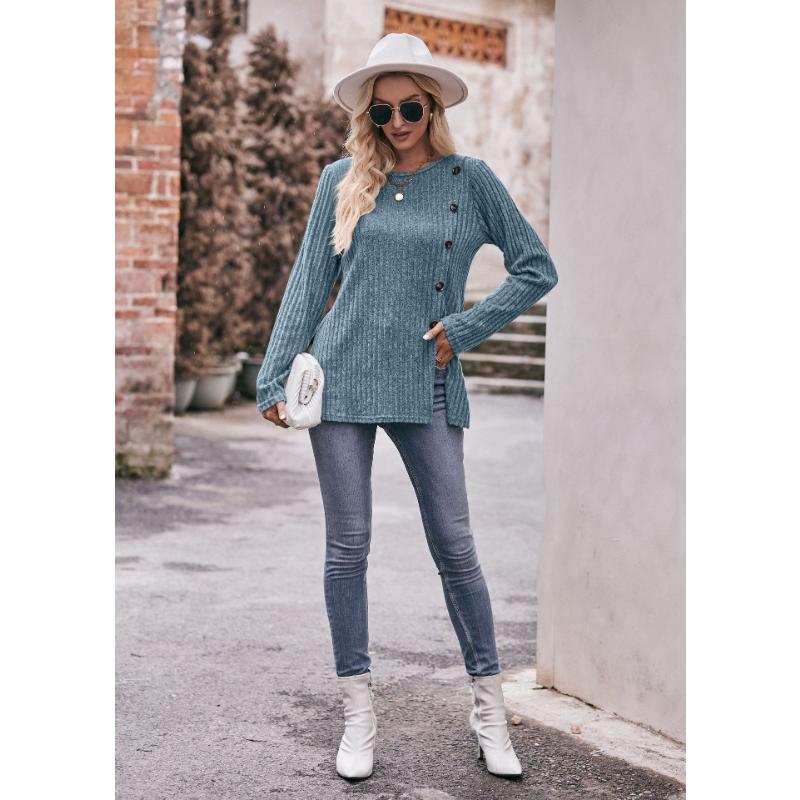 Autumn and Winter Women's Blouse Solid Color Round Neck Pit Stripes Abrasion Slit Fashion Button Long Sleeve Tops