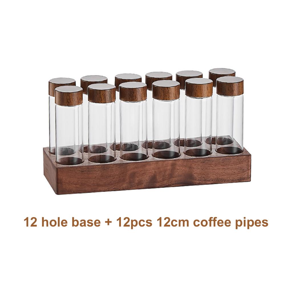 Leeseph Single Dose Coffee Bean Storage Tubes with Walnut Wood Display Stand and Funnel, Dosing Glass Vials with Lids, Best Gift