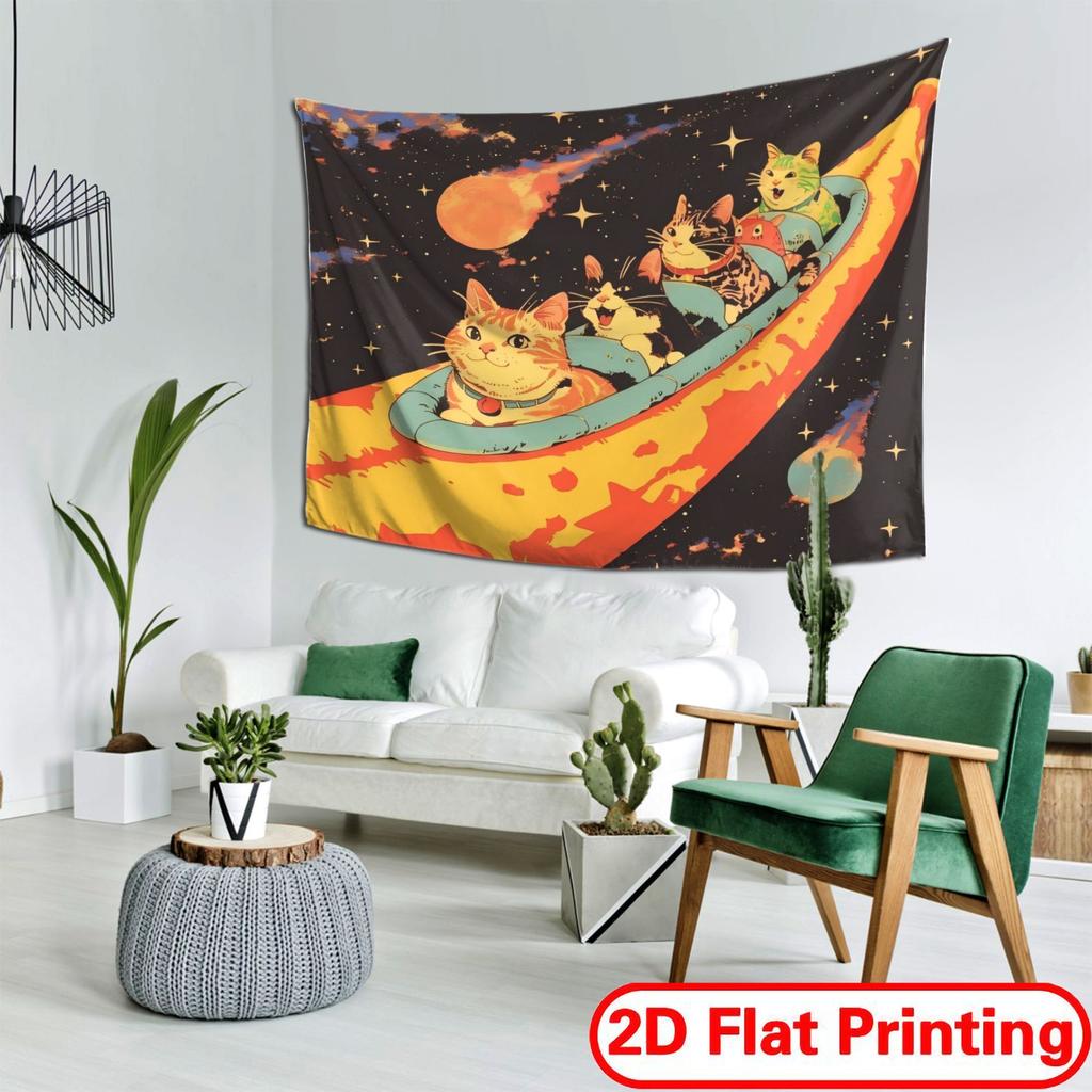 Space Cats Tapestry Funny Cartoon Cat Spaceship Wall Hanging Galaxy Star Art Retro Psychedelic Decor for Bedroom Living Room