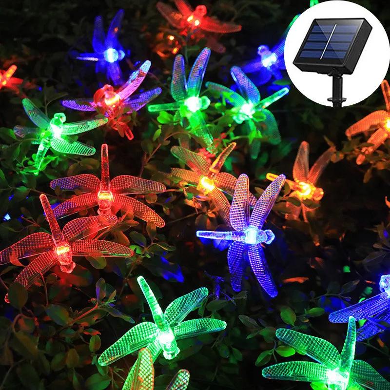 Colorful Dragonfly Solar String Lights Outdoor Waterproof Dragonfly Lights Festival Night Lamp Patio Garden Wedding Decoration