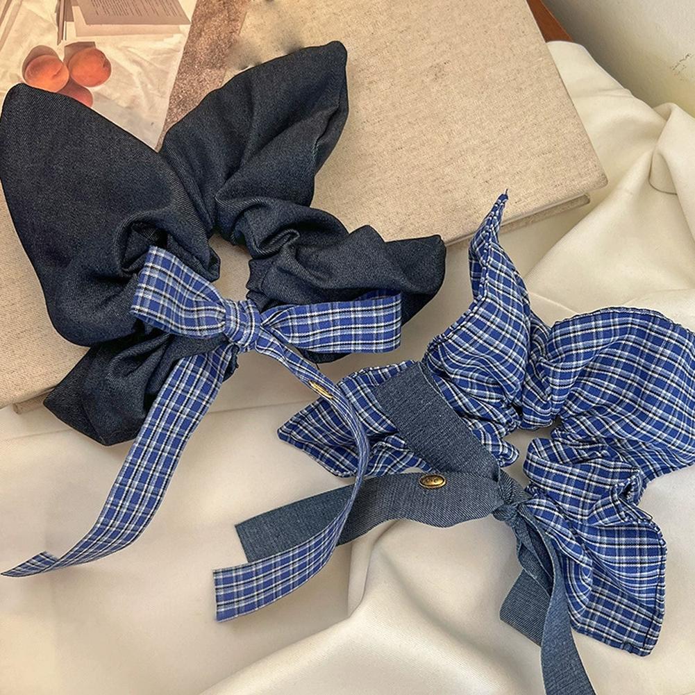 Korean Bow Denim Blue Plaid Square Scarf Large Intestine Headband Hair Square Female Band Hair H0K6