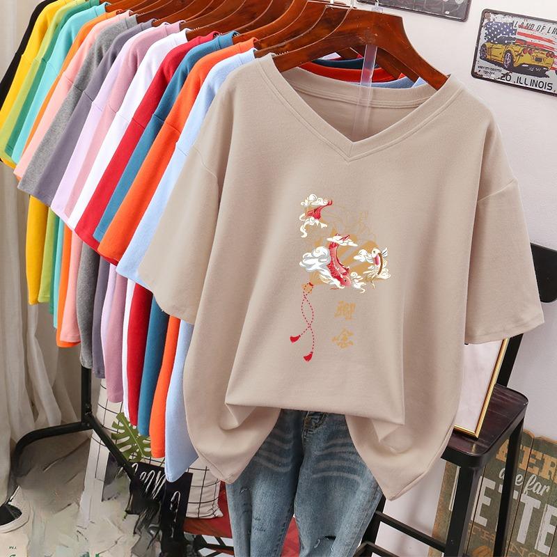 Футболка с коротким рукавом, Свободного кроя, Приталенный топ с V-образным вырезом с принтом для женщин