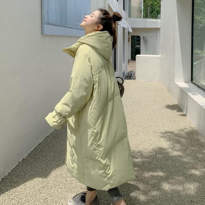 Женский зеленый пуховик с капюшоном, длинная хлопковая одежда, новая зимняя корейская мода, свободные теплые утолщенные ветрозащитные пальто большого размера, топы