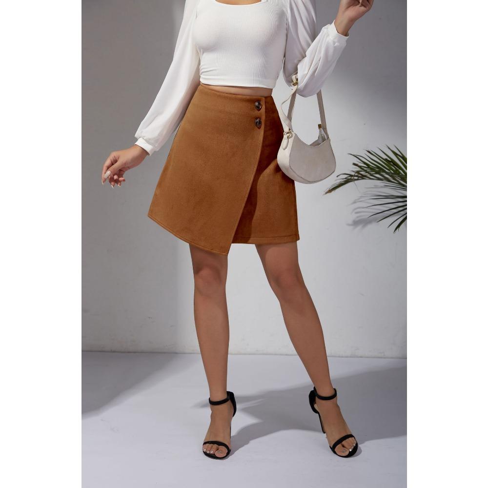 Женская осенне-зимняя замшевая юбка нерегулярной посадки, европейская и американская однотонная юбка с высокой талией и застежкой-молнией на пуговицы для женщин