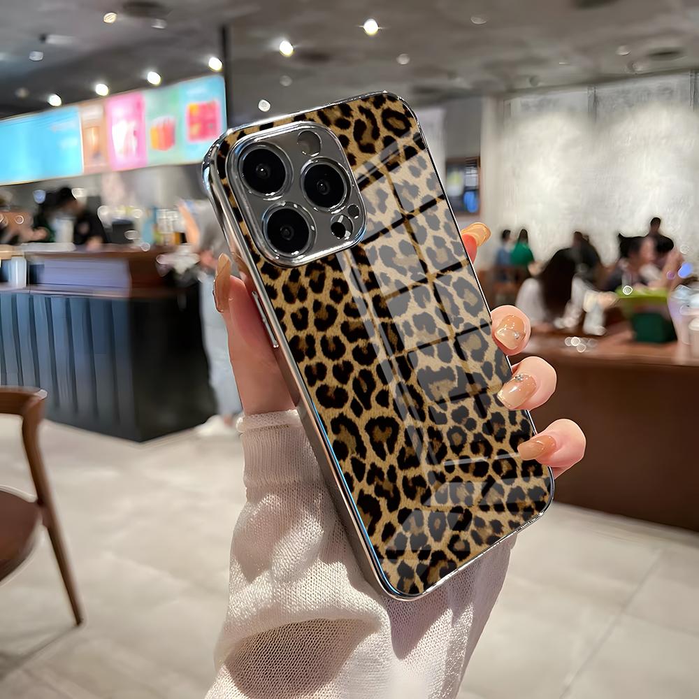 Роскошный чехол для телефона с леопардовым принтом для IPhone 17 Pro Max 15 Pro 16 14 Plus 12 13 Mini 11 Pro Ударопрочный гальванизированный стеклянный чехол