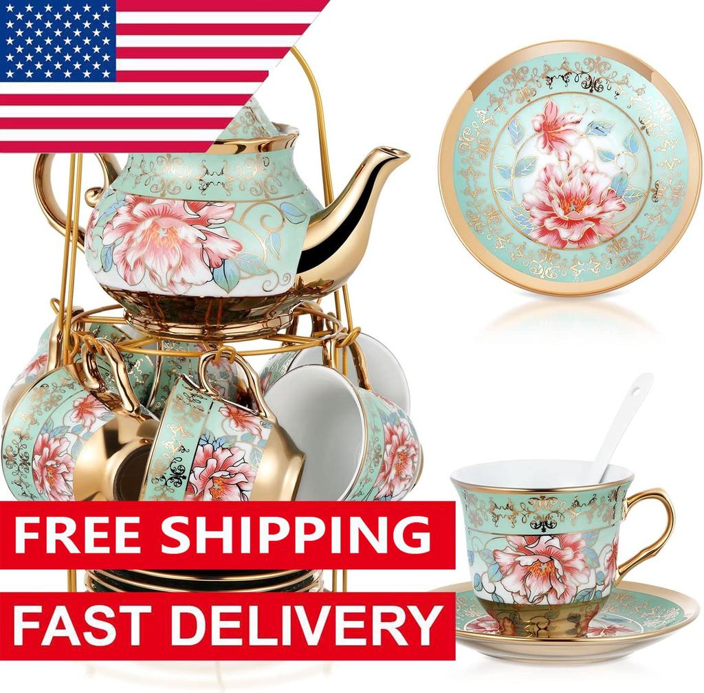 20 Pcs Porcelain Tea Set with Metal Holder Adult Ceramic Tea Party Set European Flower Tea Cup Saucer Set for Adult Women