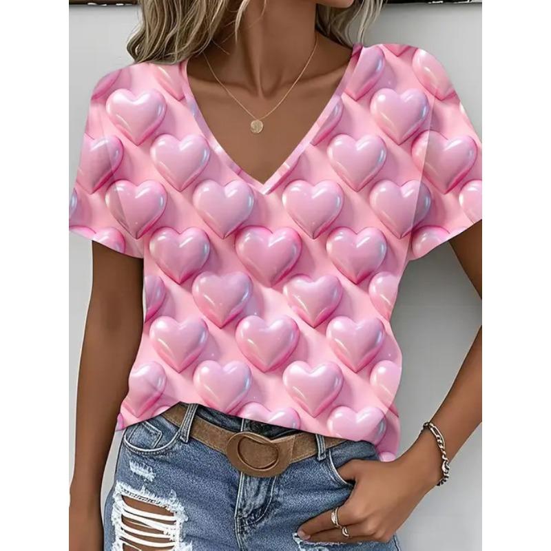 Summer V-neck 3D Love Pattern Printed Top Fashionable Casual Short Sleeved Women's T-shirts