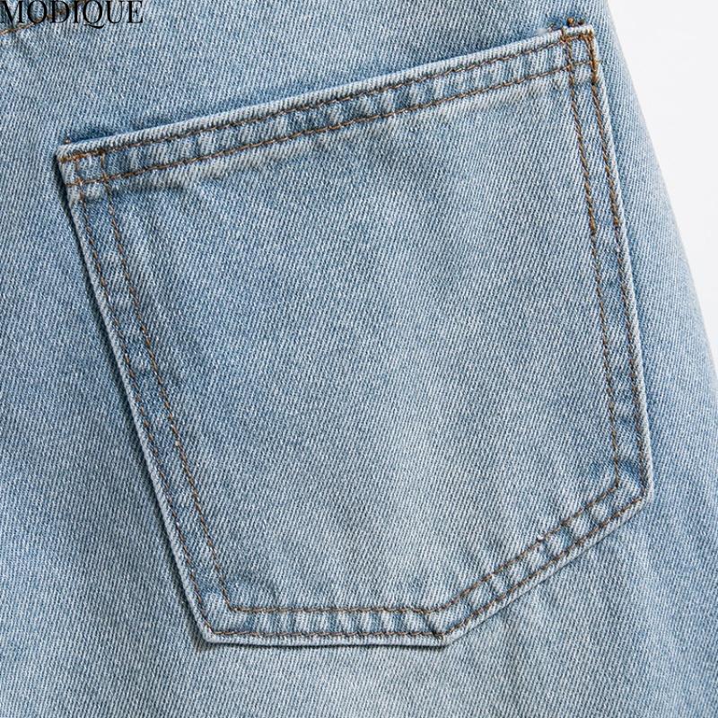 MODIQUE 2025 New Plus Size Summer Women's Loose Casual Straight Wide Leg Sickle Denim Long Pant Ladies Elastic Solid Color Blue Jeans