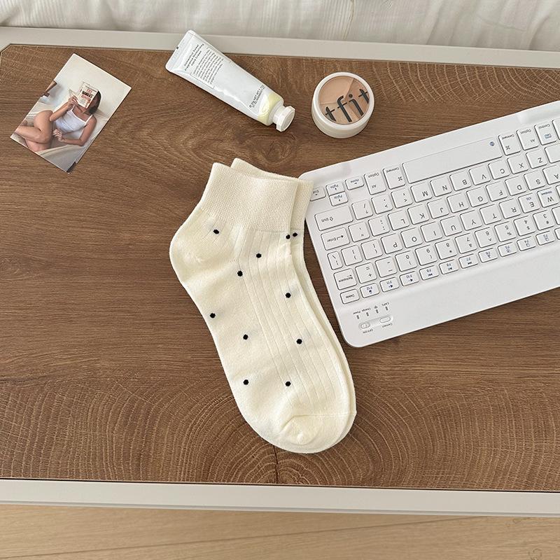 White Polka Dot Socks Medium Tube Socks Summer Thin Solid Color Breathable Short Cotton Socks Simple Mesh Versatile