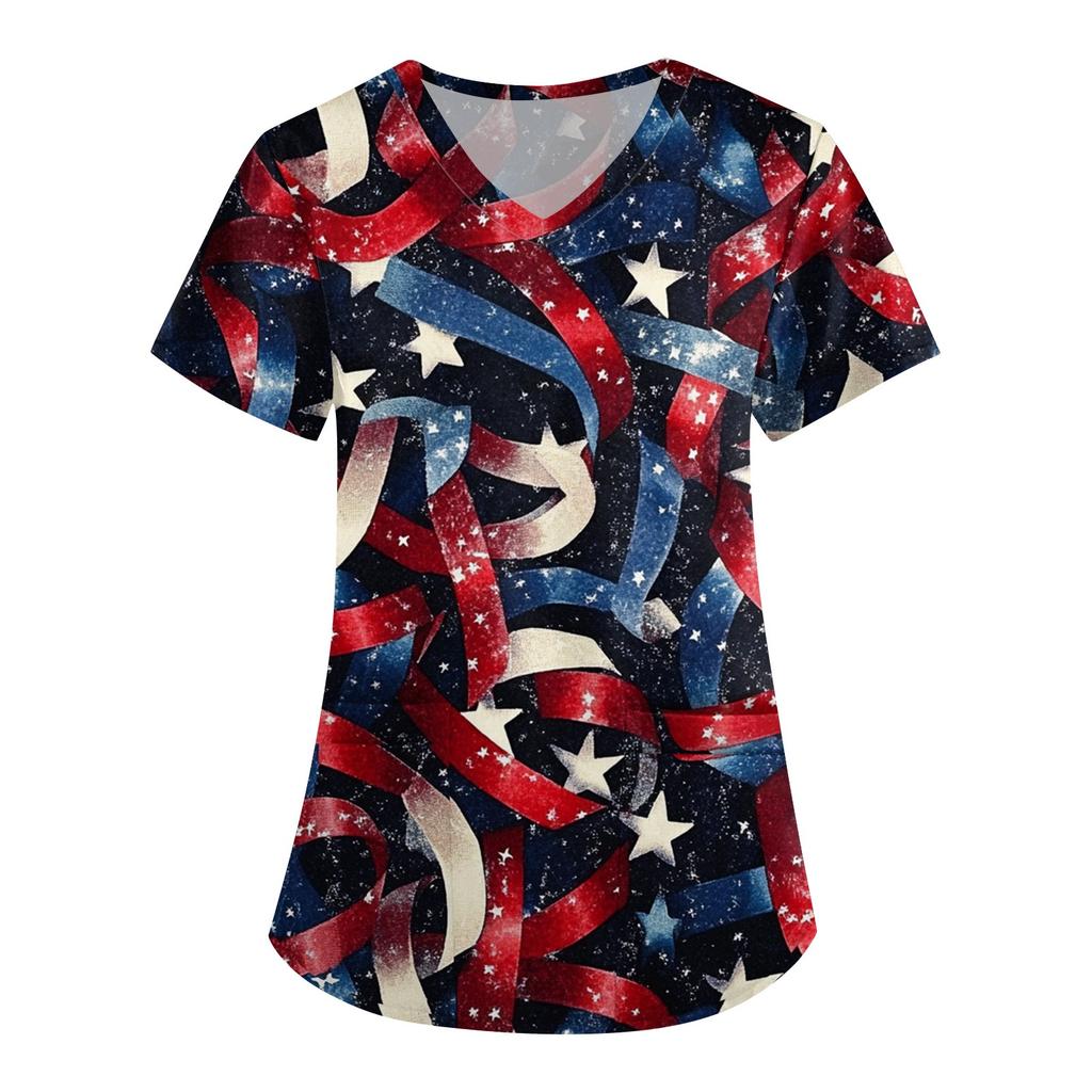 Women's Fashion V-neck Short-sleeved Work Dress With Pockets Independence Day Printed Top Carer Suit