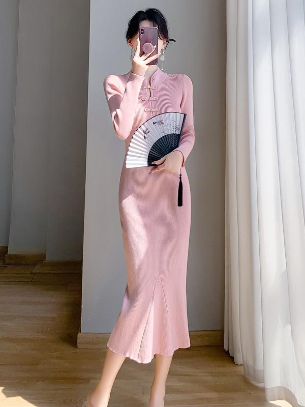 Осенне-зимнее ретро китайское платье ципао «рыбий хвост» вязаное для женщин