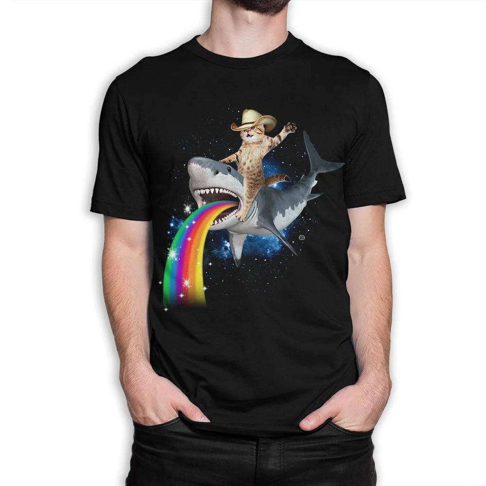 Самая продаваемая забавная футболка с ковбоем-котом, едущим на акуле, мужская ретро уличная одежда, высококачественная футболка с коротким рукавом и круглым вырезом для мужчин