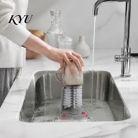 Effective Bottle Brush Suction Cup Brush, Wall Mounted Rotating Cleaning Scrubber, Plastic Mug Thick Bristles Sink Accessory for Glasses Mugs