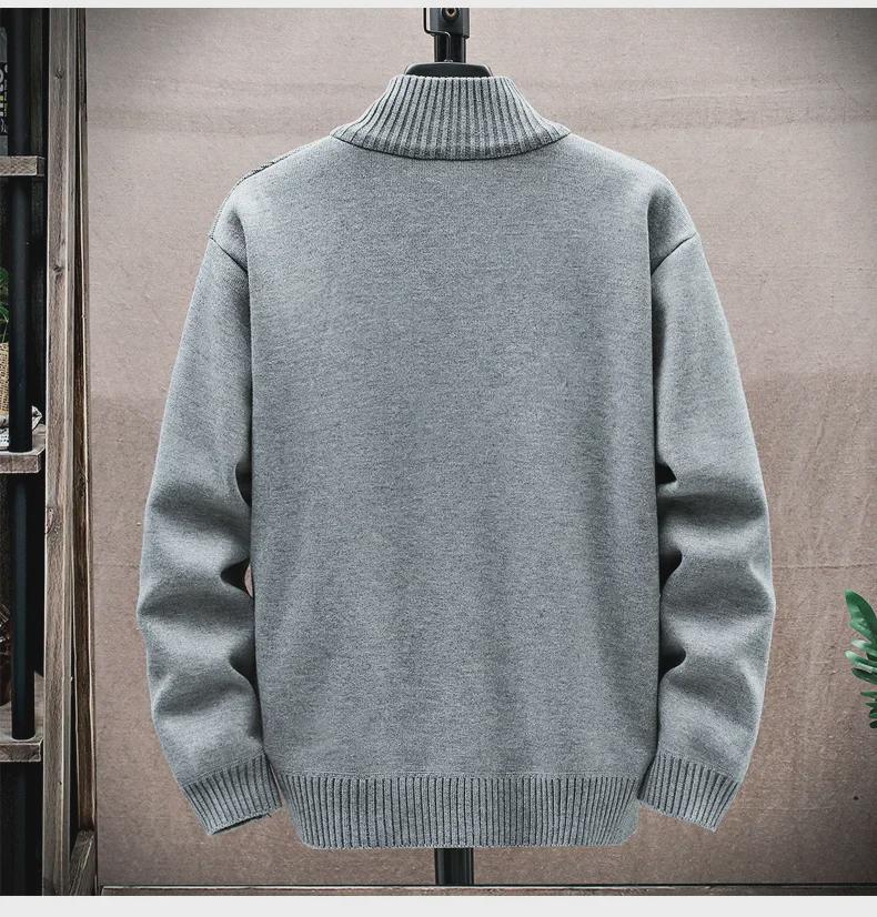 Мужской вязаный кардиган 2023 года на бархатной подкладке: Теплая куртка с принтом, длинными рукавами и воротником-стойкой для осени/зимы.