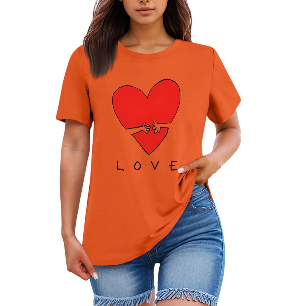Ladies' Loose Comfortable Casual Fashionable Heart And LOVE Character Pattern Printed Round Neck Short Sleeved Shirt