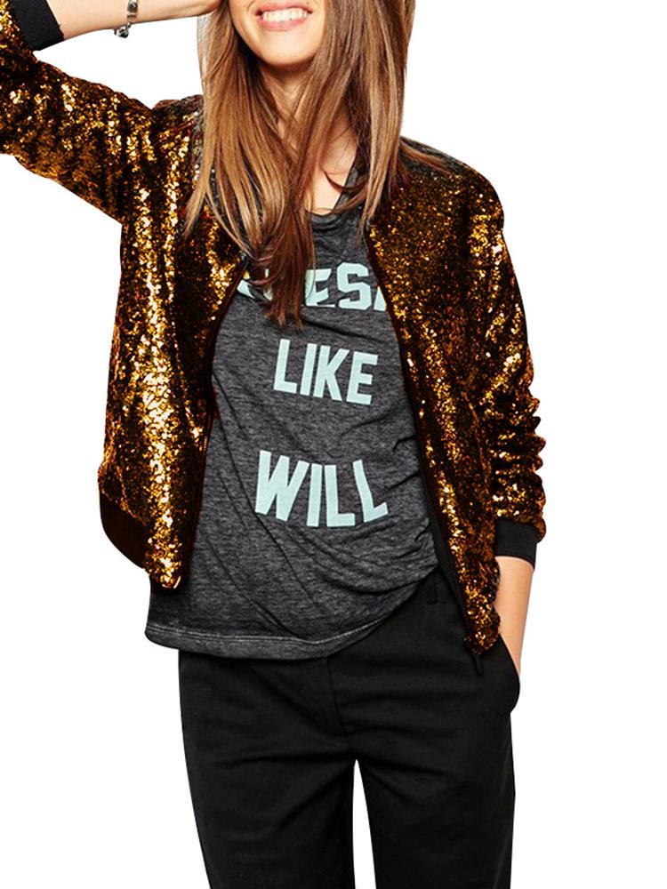 Женское пальто-бомбер с блестками, куртка-бомбер с длинным рукавом на молнии, уличная одежда, повседневная свободная блестящая верхняя одежда