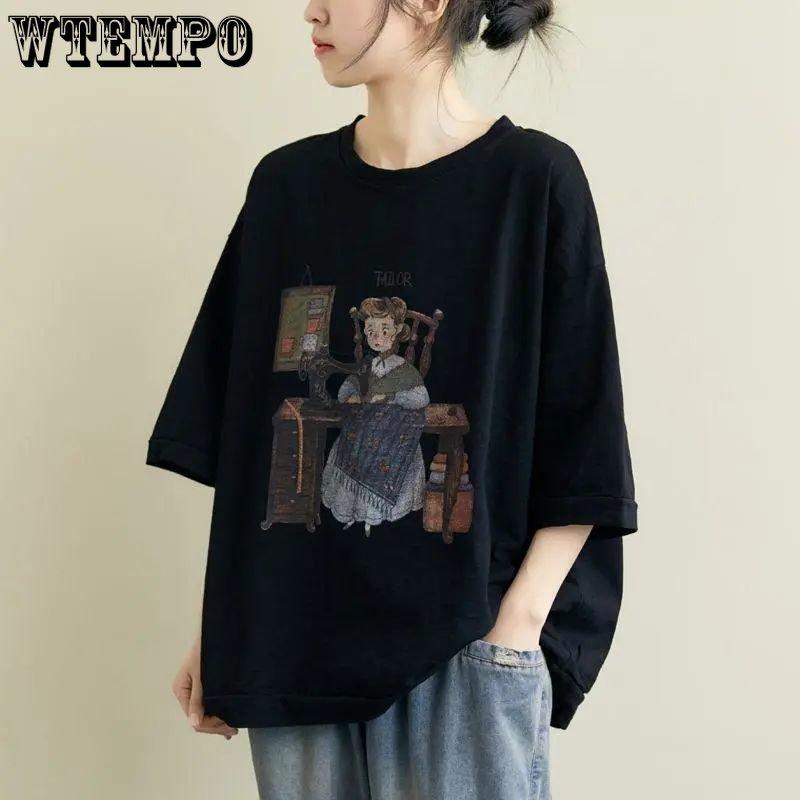Summer T-shirt Cotton Loose Short-sleeved Retro Large Yards T-shirt Design Sense Niche Literary Print Tops