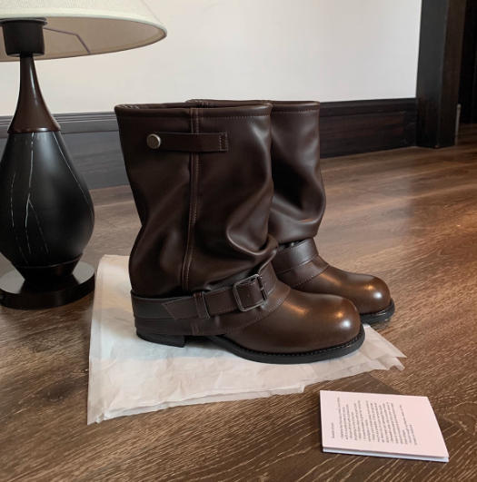 Genuine Leather~ Inner Height Increase Western Cowboy Pile Boots Women's 2025 Autumn Pleated Trousers Short Boots Retro Knight Martin Boots