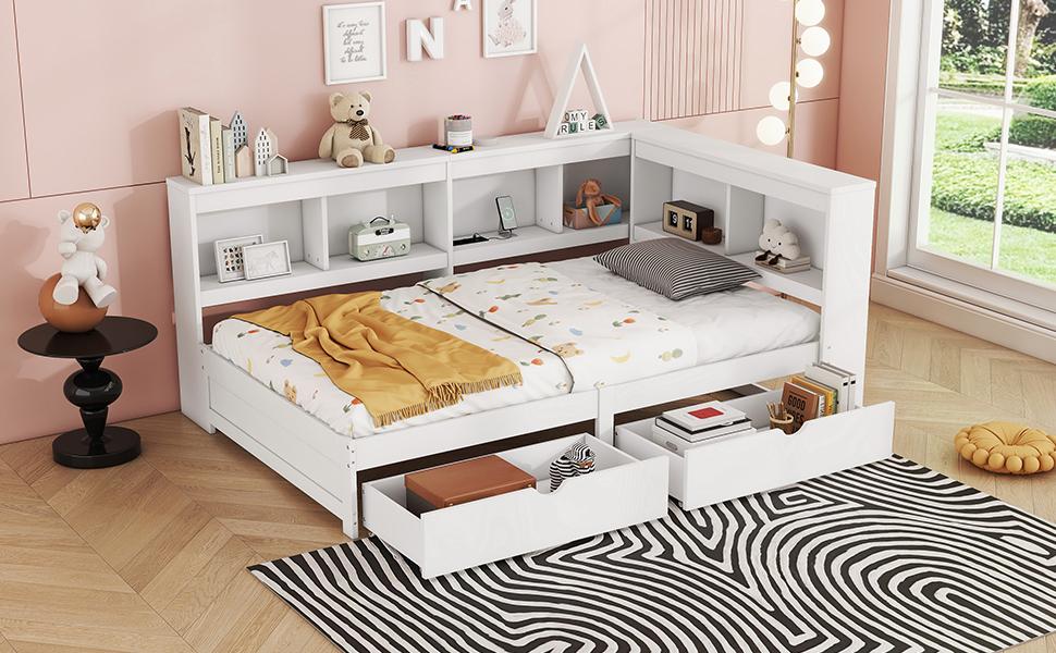 Daybed, 90 x 200 cm, Sofa Bed, Day Bed with Two Drawers, with Socket and 2 USB Ports, Bed with Slatted Frame (without Mattress), Chipboard, White