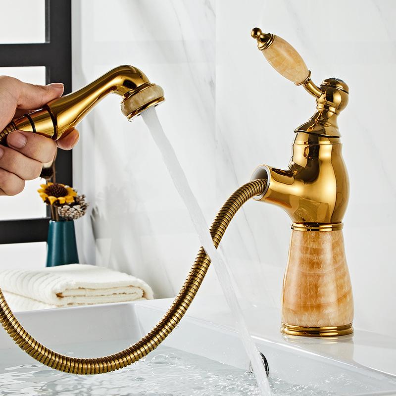 Смесители для раковины в ванной комнате цвета розового золота, смеситель для раковины в ванной комнате с нефритом, смеситель для горячей и холодной воды, выдвижной смеситель для раковины