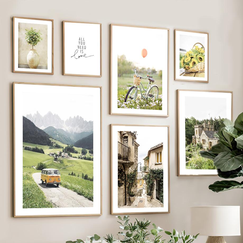 Подсолнух велосипед деревня весенний пейзаж настенная живопись на холсте плакаты на скандинавскую тему и принты настенные панно для декора гостиной