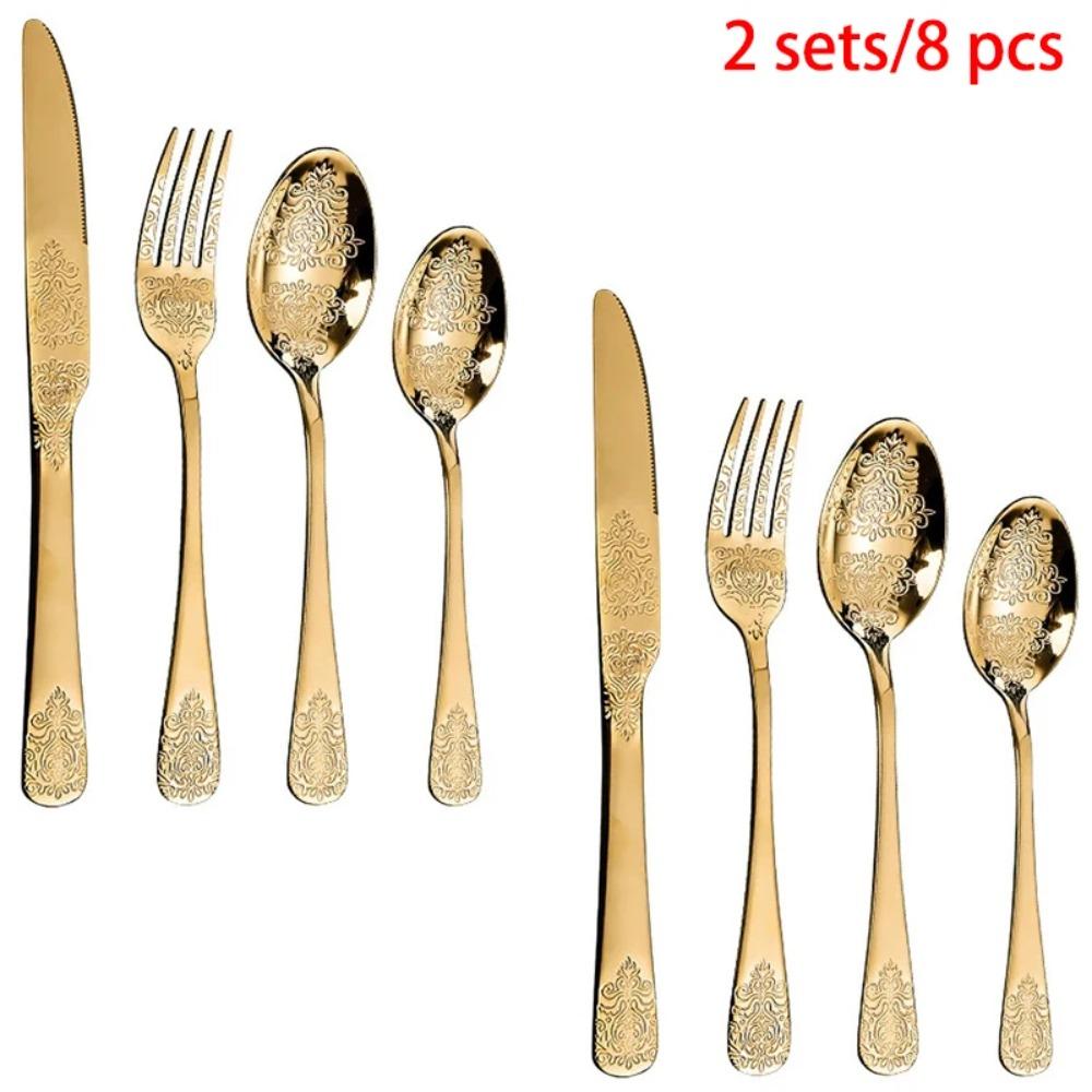 Gold Cutlery Set Vintage Tableware Set Stainless Steel Flatware Knife Fork Spoon Luxury Western Silverware Dinnerware Set
