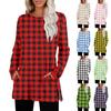 Women's Checkered Printed Round-neck Long-sleeved Top With Pockets And Side Slits