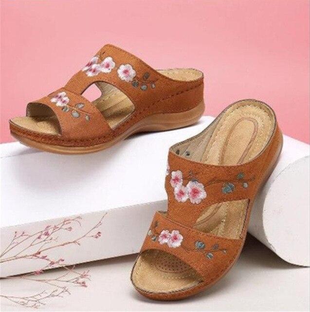 Summer Women Wedge Sandals Premium Orthopedic Open Toe Slipper Vintage Anti-slip Leather Casual Female Platform Embroidered Shoes