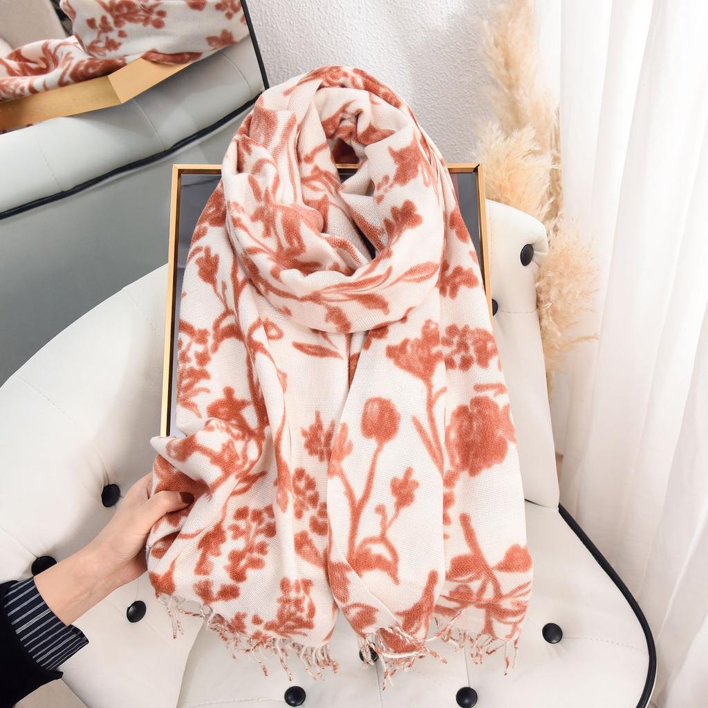 College Sweet Girl Fashion Flower Print Scarf Warm Thickened Imitation Cashmere Fringed Scarf