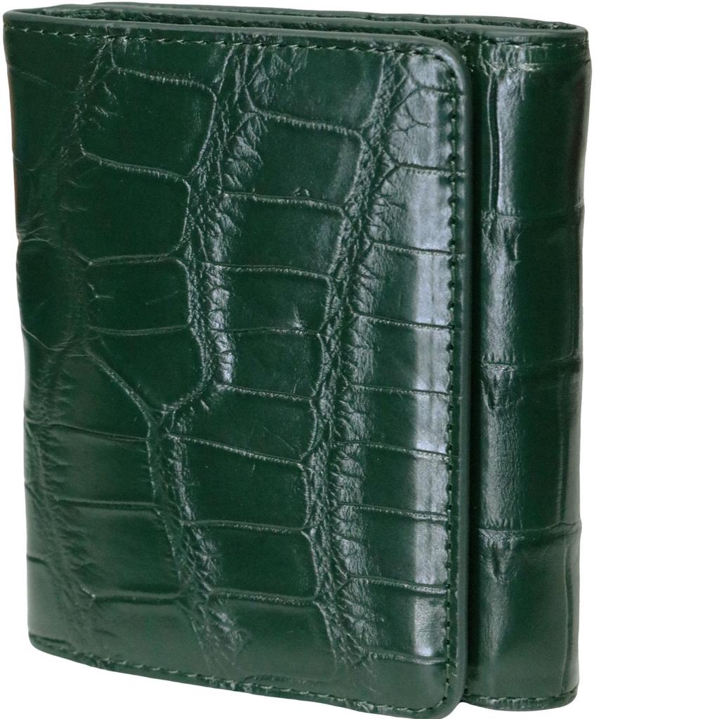 Bercute Green Crocodile Tri-fold Wallet for Men and Women, Mini, Slim, Compact, Foldable, Genuine Leather, Alligator Skin, Compact, Large Capacity,