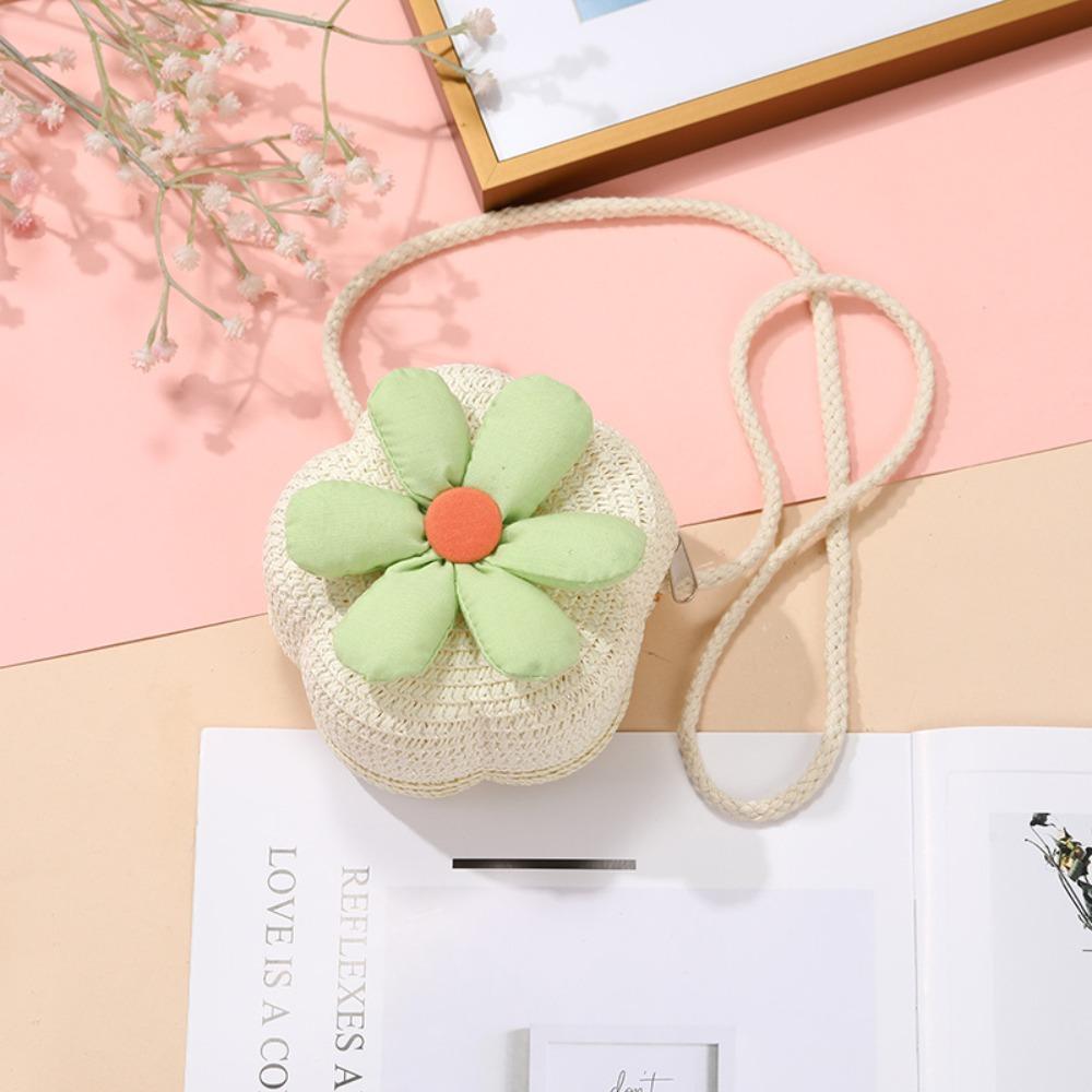 Cute Handmade Kids Straw Bag Flower Shape Woven Crossbody Bag Summer Beach Bag for Children Girls