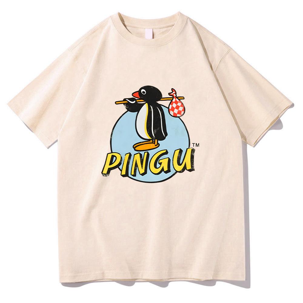 Pingu Классический Логотип Натуральная Футболка Женская Мужская Круглый Вырез Пингвин Футболка Одежда в Стиле Харадзюку Классическая Удобная Шикарная Одежда Y2K