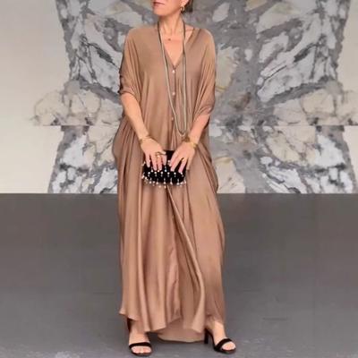 Женское макси-платье с V-образным вырезом, застегивающимся на пуговицы, рукавами «летучая мышь», платье-рубашка, однотонное, свободное