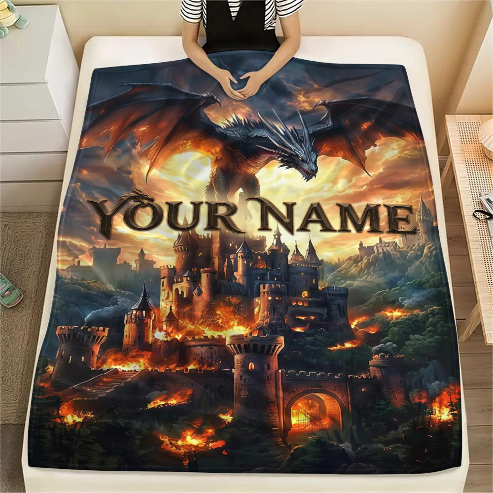 1PC Custom Name Dragon Castle Burn Patterned Flannel Blanket Suitable For All Seasons for Home Decor Warmth and Comfort Gifts Holiday Present_lx