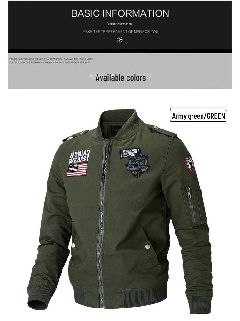 Men's Spring Casual Stand Collar Cotton Flight Jacket - Youth Workwear Style