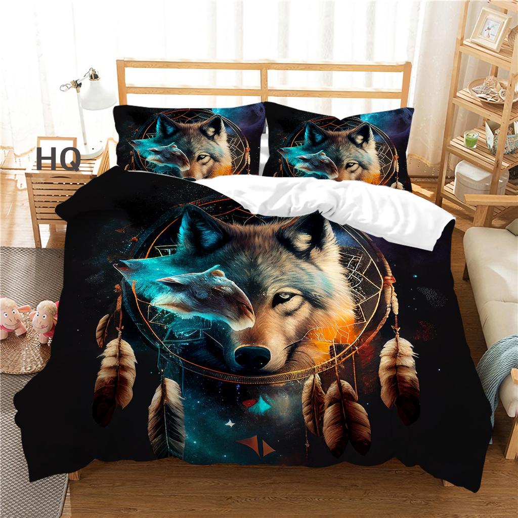 Комплект постельного белья «Ловец снов» для дома, с узором волка, перьями, наволочка, комплект постельного белья, одиночный, двойной, полный размер, 2/3 шт., микрофибра