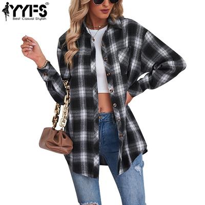 Женская мода повседневная весна-осень клетчатый принт длинный рукав воротник поло блузки и рубашки