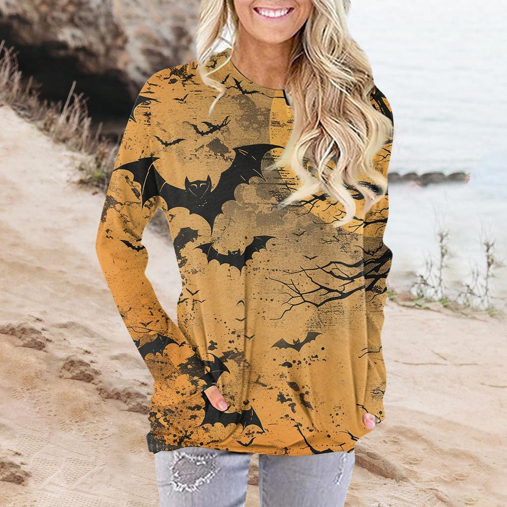 Женская модная повседневная футболка с круглым вырезом и принтом, длинными рукавами и карманами