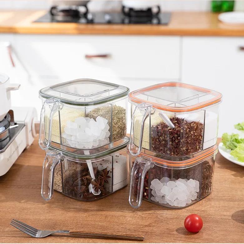 Kitchen Seasoning Box 4Grids Sealed Clear Lid Home Salt Storage Container Spice Can Chili Powder Jar Sugar Bowl Pepper Condiment