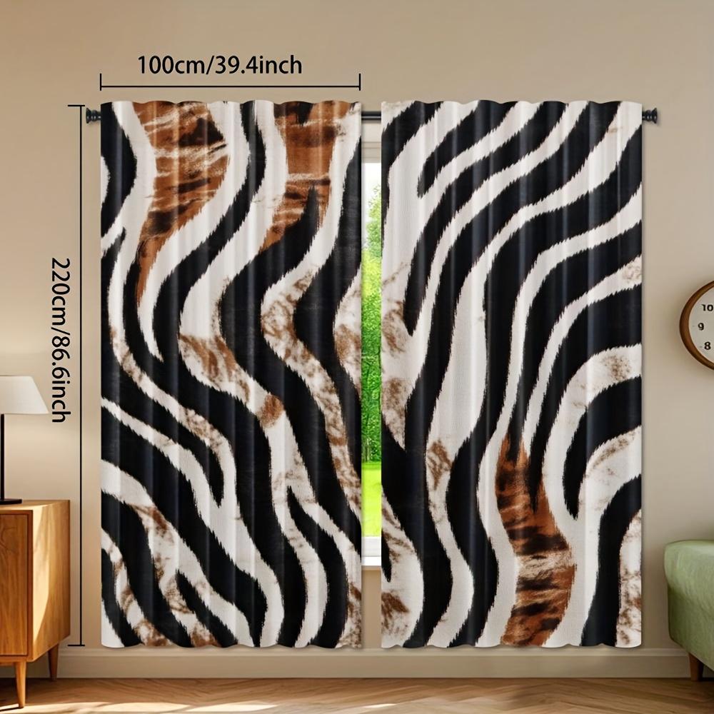 2 шт. Светофильтрующие шторы с тигровым принтом - Полупрозрачные оконные занавески с карманной лентой   Черно-белые оконные украшения с животным принтом для